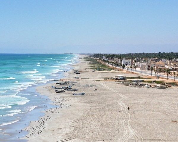 Aerial view of the beach from Taqah Viewpoint in Salalah