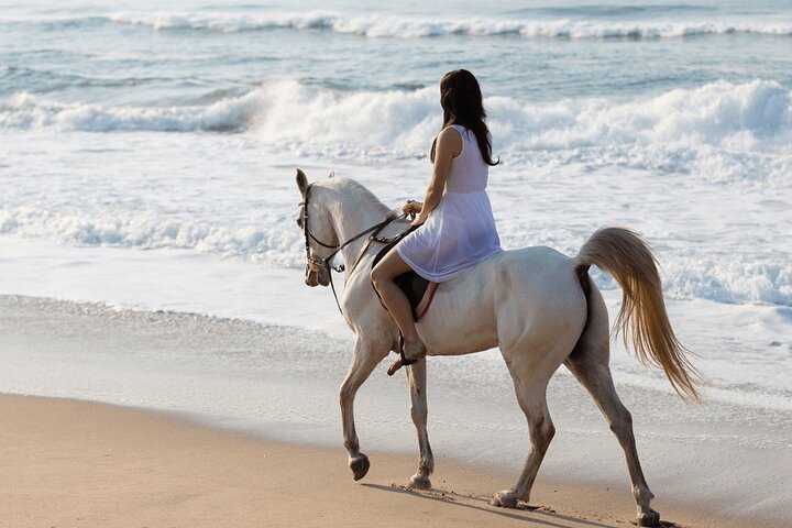 Horse riding along Salalah beach at sunset