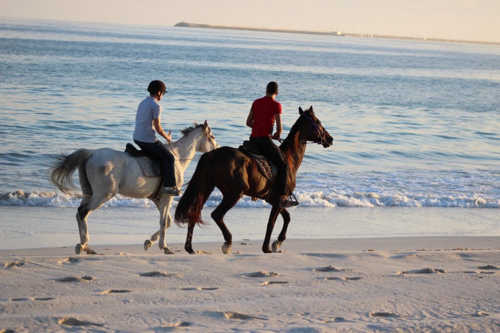 Horse riding along Salalah beach at sunset
