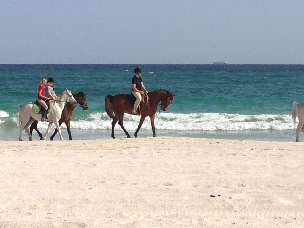 Horse riding along Salalah beach at sunset