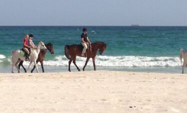 Horse riding along Salalah beach at sunset