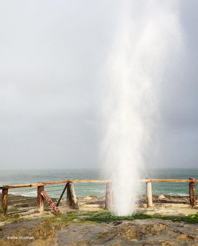 Close-up of water jet spraying from a blowhole at Mughsail Beach